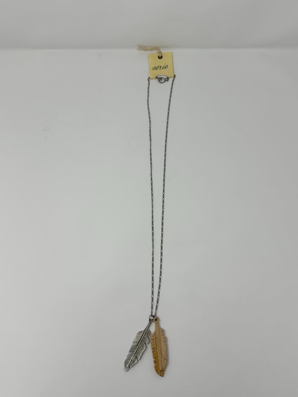 NEW Aerie Unique Boho Silver & Wood Feather Pendant Necklace Jewelry, 17"